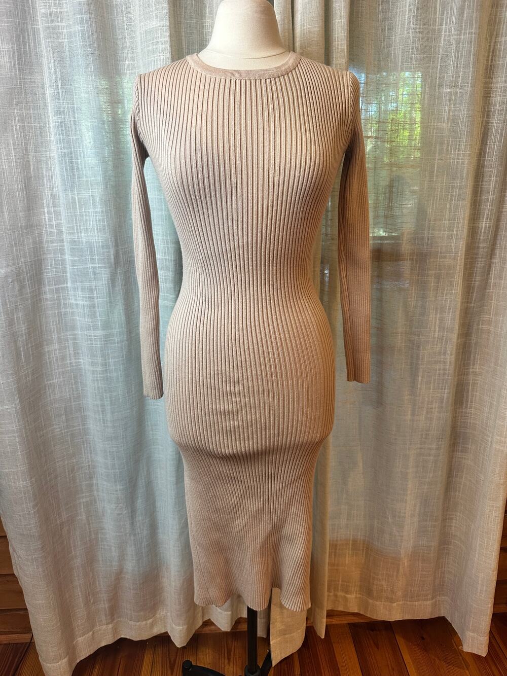 Princess Polly Beige Rib Knit Midi Bodycon Dress NWOT M/L